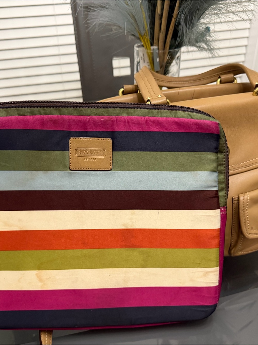 Coach Vintage Heritage Tan Leather Satchel & Matching Striped Sleeve #12980